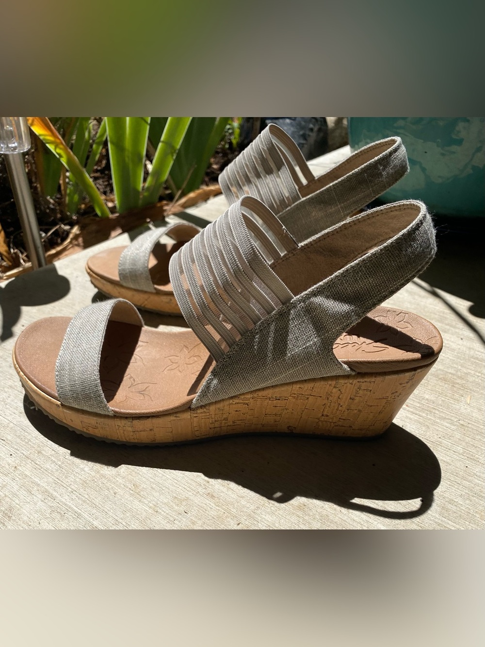 Women's Silver Elastic Slingback Cork Wedge Sandals